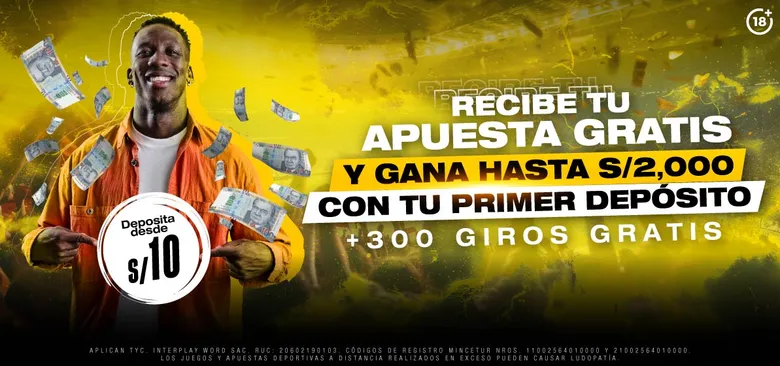 Afiche amarillo de Doradobet: recibe tu apuesta gratis y gana hasta S/2,000 con tu primer depósito, más 300 giros gratis.