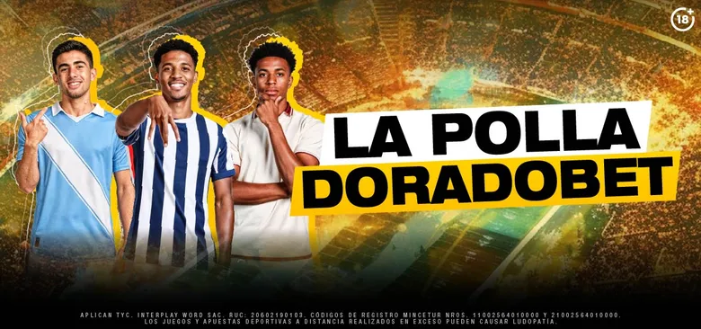Cartel de La Polla DoradoBet con hinchas de camiseta blanquiazul en un estadio.