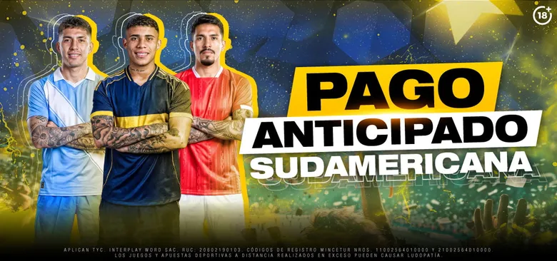 Afiche del pago anticipado de Doradobet para la copa sudamericana con tres hinchas cruzados de brazos.