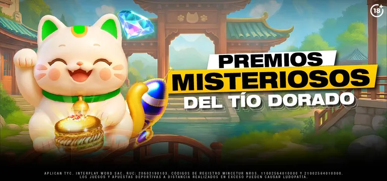 Banner de los Premios Misteriosos del Tío Dorado con un gato de la suerte dorado en un patio oriental.