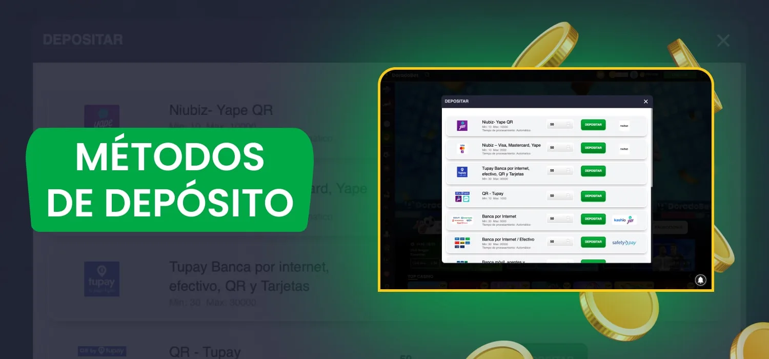 Pieza gráfica encabezada «Métodos de depósito» donde una tableta muestra la lista de opciones de recarga rodeada de monedas doradas.