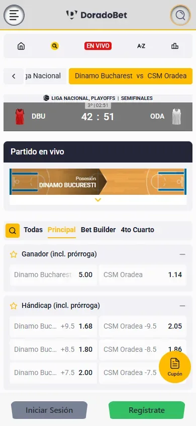 Pantalla vertical con un encuentro en curso, el marcador y el cronómetro arriba y la lista de mercados abiertos debajo.